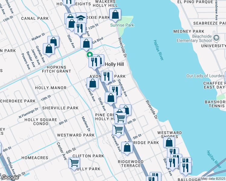 map of restaurants, bars, coffee shops, grocery stores, and more near 838 Avondale Avenue in Daytona Beach