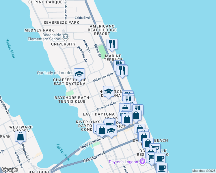 map of restaurants, bars, coffee shops, grocery stores, and more near 925 North Grandview Avenue in Daytona Beach
