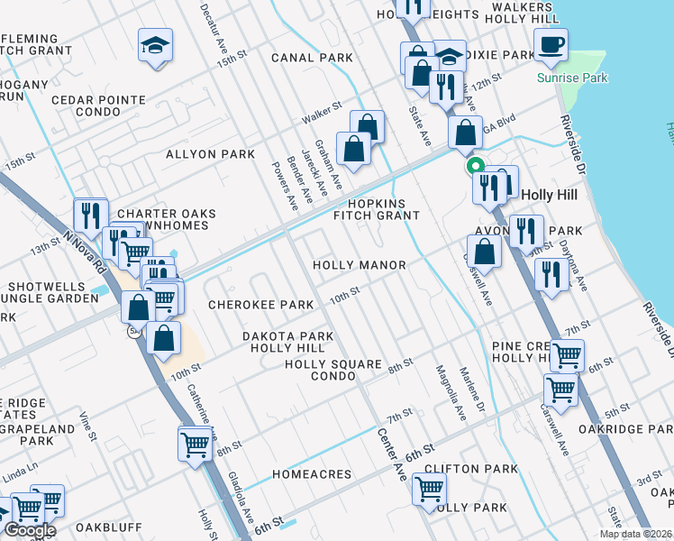 map of restaurants, bars, coffee shops, grocery stores, and more near 542 Martha Drive in Daytona Beach