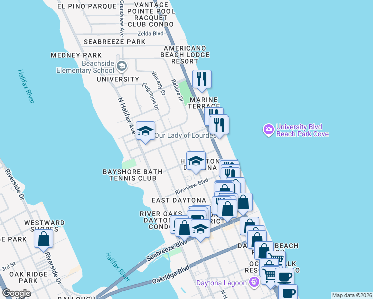 map of restaurants, bars, coffee shops, grocery stores, and more near 936 North Oleander Avenue in Daytona Beach