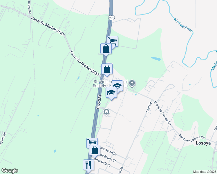 map of restaurants, bars, coffee shops, grocery stores, and more near 19122 U.S. 281 in San Antonio