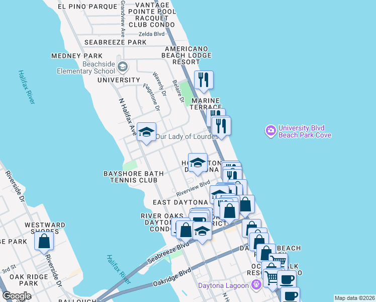 map of restaurants, bars, coffee shops, grocery stores, and more near 936 North Oleander Avenue in Daytona Beach
