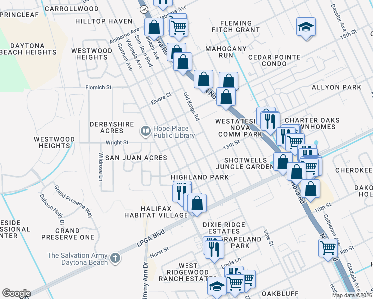 map of restaurants, bars, coffee shops, grocery stores, and more near 1317 San Jose Boulevard in Daytona Beach