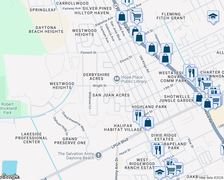 map of restaurants, bars, coffee shops, grocery stores, and more near in Holly Hill