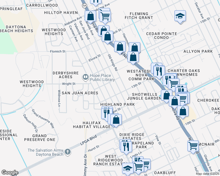 map of restaurants, bars, coffee shops, grocery stores, and more near 1317 San Jose Boulevard in Daytona Beach
