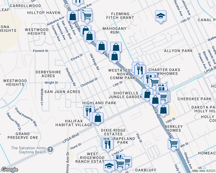 map of restaurants, bars, coffee shops, grocery stores, and more near 1162 13th Street in Daytona Beach