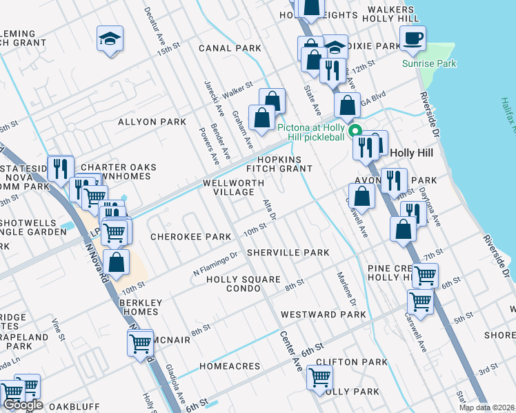 map of restaurants, bars, coffee shops, grocery stores, and more near 540 Martha Drive in Daytona Beach