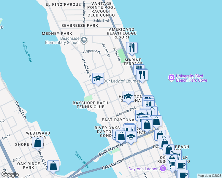 map of restaurants, bars, coffee shops, grocery stores, and more near 315 University Boulevard in Daytona Beach