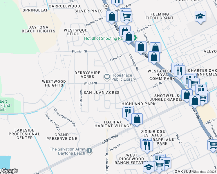 map of restaurants, bars, coffee shops, grocery stores, and more near in Holly Hill