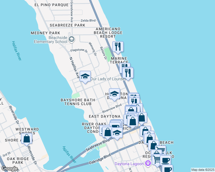 map of restaurants, bars, coffee shops, grocery stores, and more near 936 North Oleander Avenue in Daytona Beach