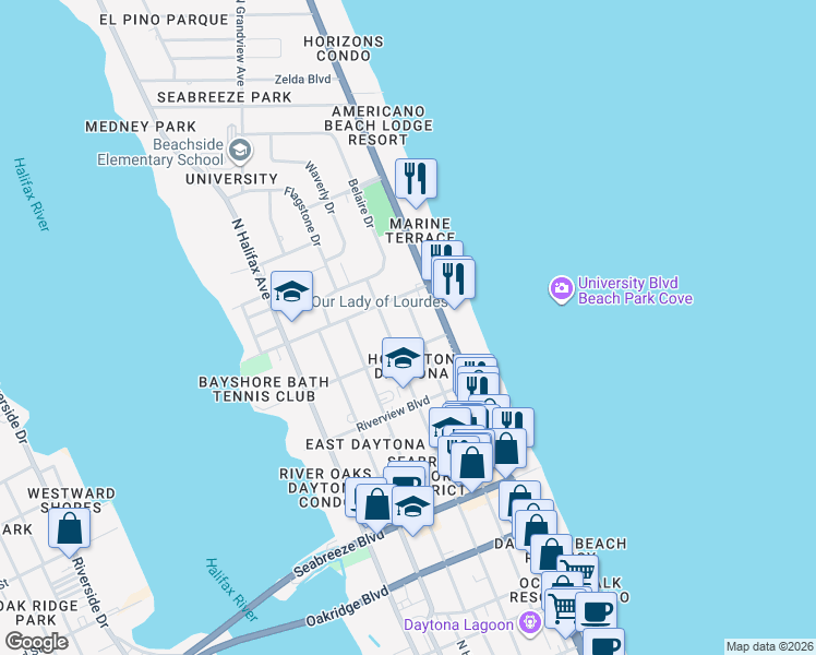 map of restaurants, bars, coffee shops, grocery stores, and more near 919 North Grandview Avenue in Daytona Beach