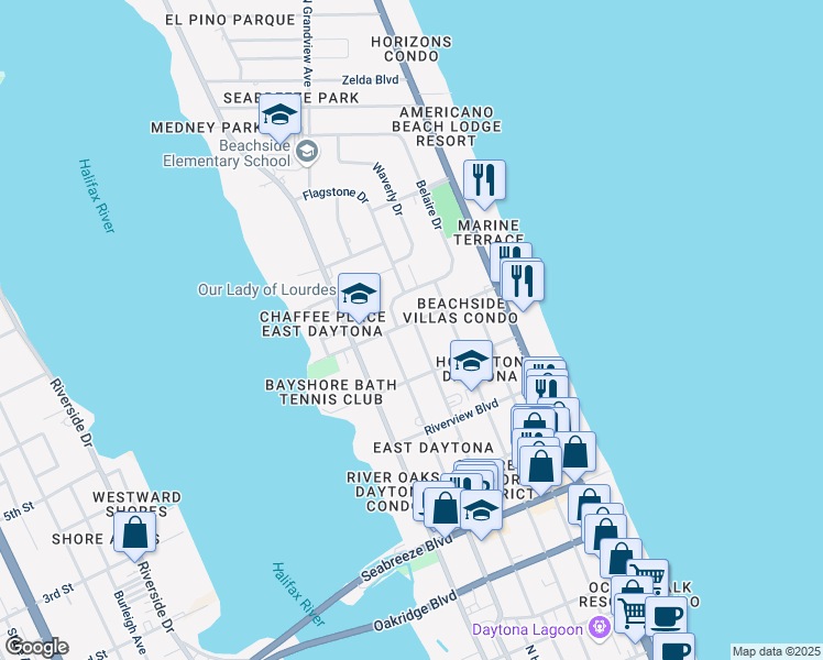 map of restaurants, bars, coffee shops, grocery stores, and more near 315 University Boulevard in Daytona Beach