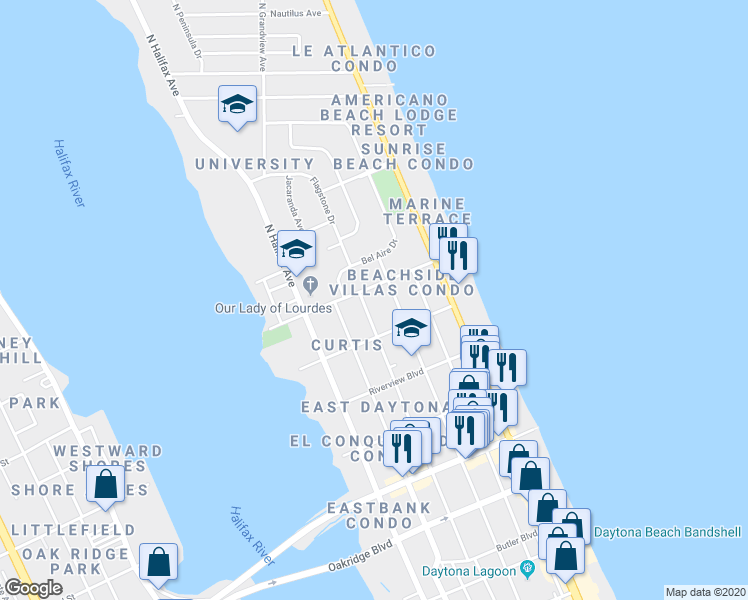 map of restaurants, bars, coffee shops, grocery stores, and more near 936 North Oleander Avenue in Daytona Beach