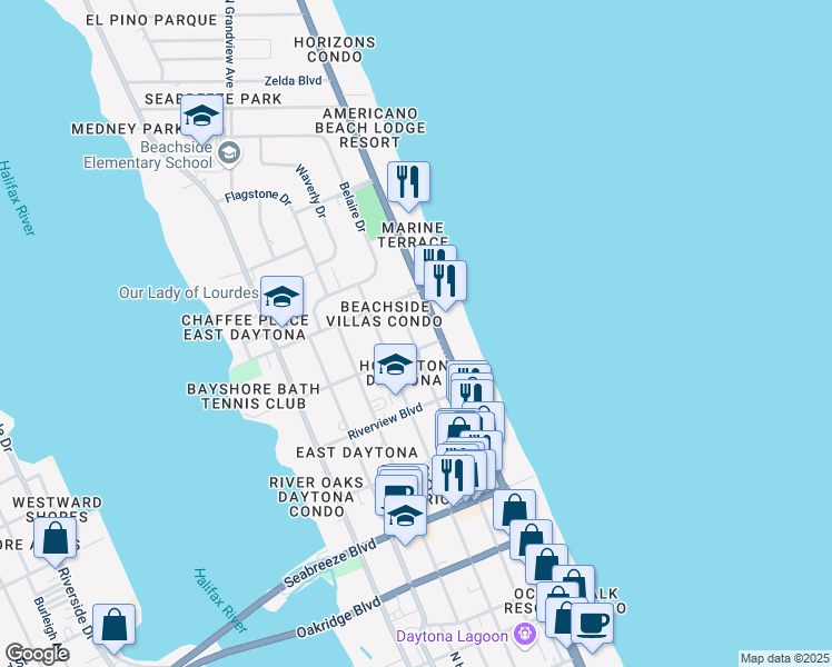 map of restaurants, bars, coffee shops, grocery stores, and more near 912 North Grandview Avenue in Daytona Beach