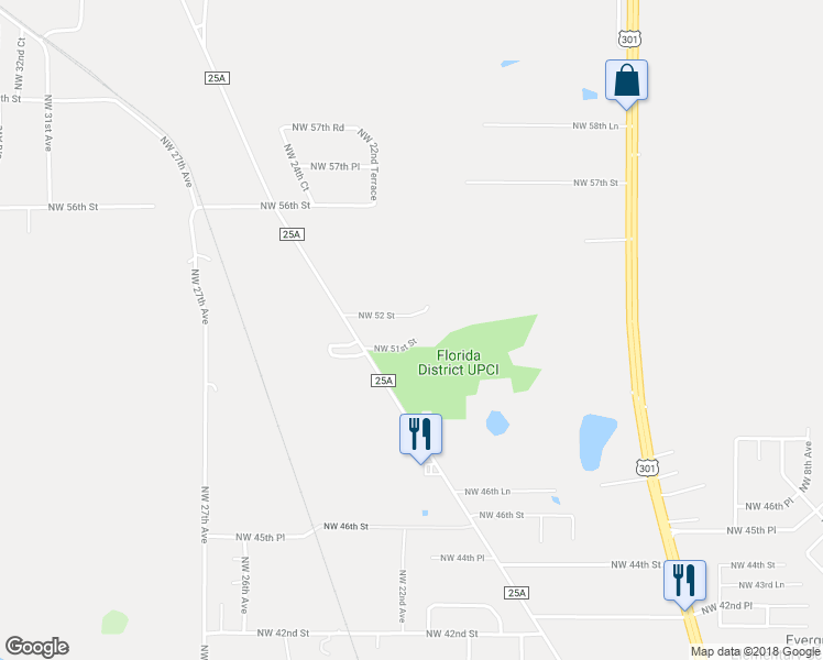 map of restaurants, bars, coffee shops, grocery stores, and more near 2251 Northwest 51st Street in Ocala