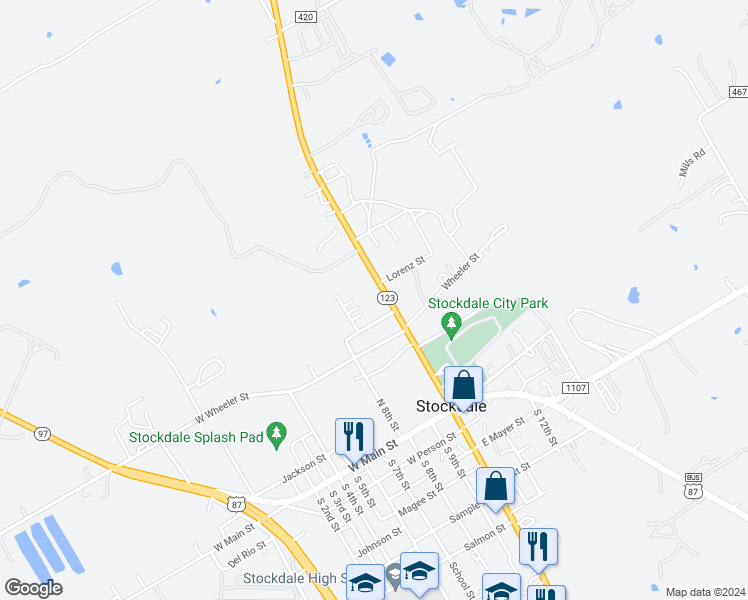 map of restaurants, bars, coffee shops, grocery stores, and more near 406 Texas 123 in Stockdale