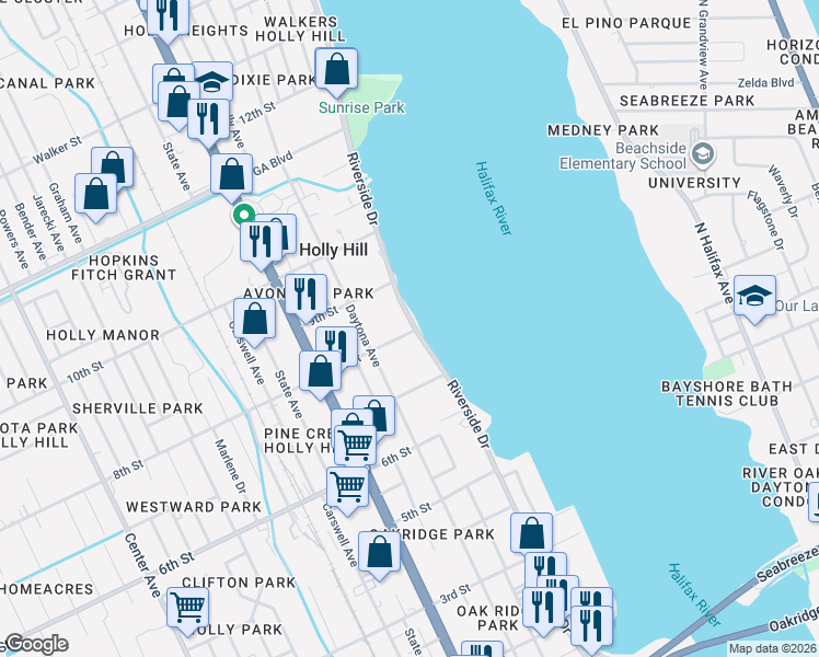 map of restaurants, bars, coffee shops, grocery stores, and more near 800 Riverside Drive in Daytona Beach