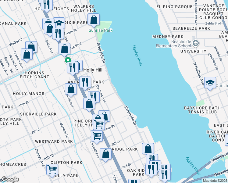 map of restaurants, bars, coffee shops, grocery stores, and more near 800 Riverside Drive in Daytona Beach