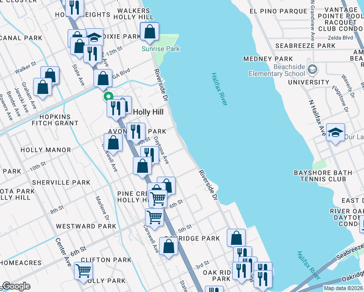 map of restaurants, bars, coffee shops, grocery stores, and more near 800 Riverside Drive in Daytona Beach