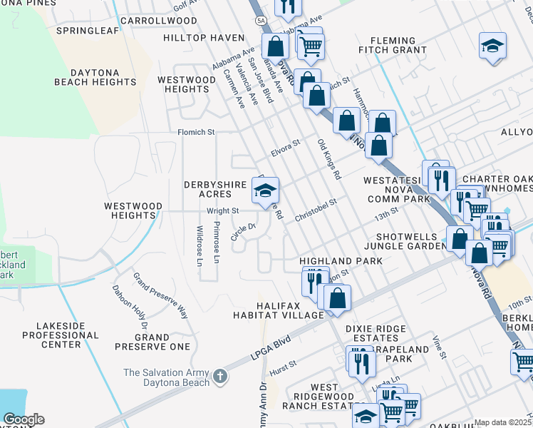 map of restaurants, bars, coffee shops, grocery stores, and more near in Holly Hill
