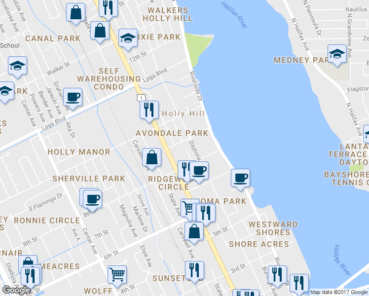 map of restaurants, bars, coffee shops, grocery stores, and more near 838 Avondale Avenue in Daytona Beach