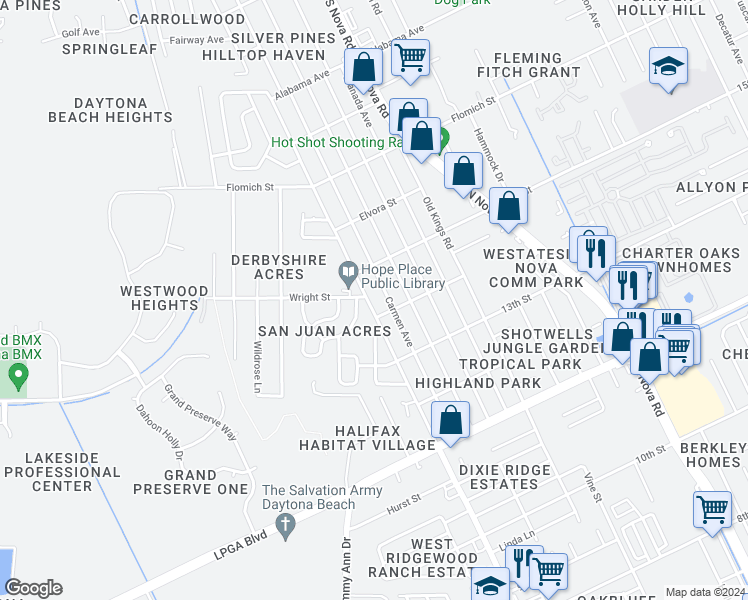 map of restaurants, bars, coffee shops, grocery stores, and more near 1485 Derbyshire Road in Daytona Beach