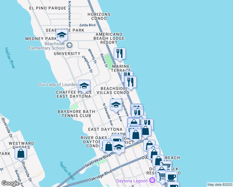 map of restaurants, bars, coffee shops, grocery stores, and more near 925 North Grandview Avenue in Daytona Beach