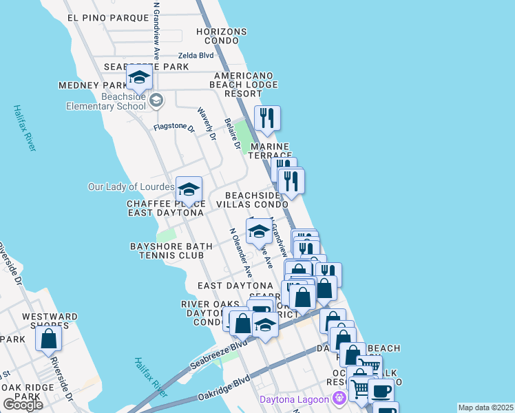 map of restaurants, bars, coffee shops, grocery stores, and more near 925 North Grandview Avenue in Daytona Beach