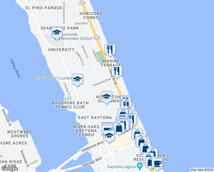map of restaurants, bars, coffee shops, grocery stores, and more near 929 North Grandview Avenue in Daytona Beach