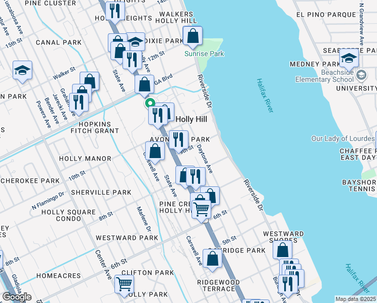 map of restaurants, bars, coffee shops, grocery stores, and more near 838 Avondale Avenue in Daytona Beach