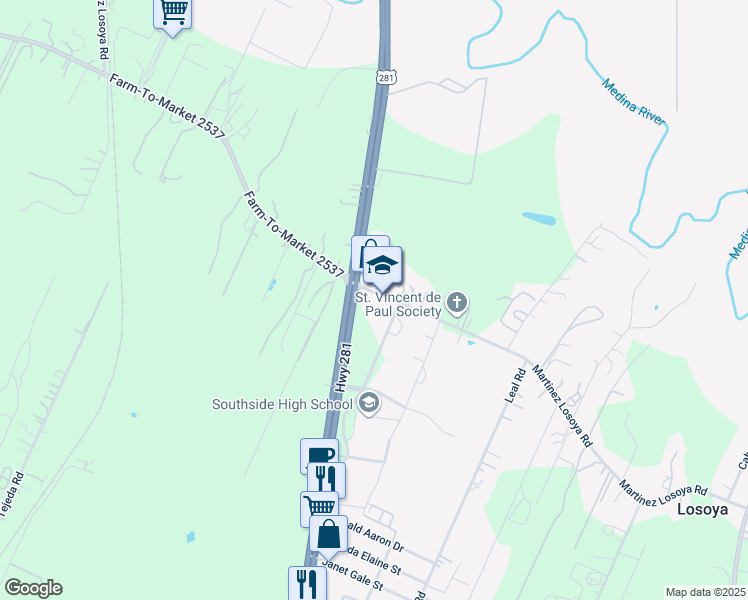 map of restaurants, bars, coffee shops, grocery stores, and more near 1460 Martinez Losoya Road in San Antonio