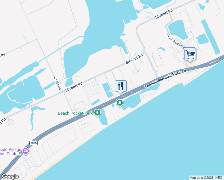 map of restaurants, bars, coffee shops, grocery stores, and more near 3528 7 1/2 Mile Road in Galveston