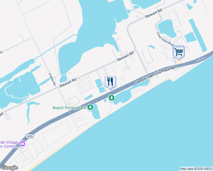 map of restaurants, bars, coffee shops, grocery stores, and more near 3528 7 1/2 Mile Road in Galveston