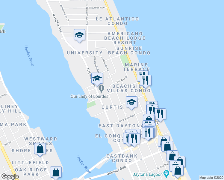 map of restaurants, bars, coffee shops, grocery stores, and more near 315 University Boulevard in Daytona Beach