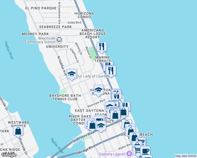 map of restaurants, bars, coffee shops, grocery stores, and more near 925 North Grandview Avenue in Daytona Beach