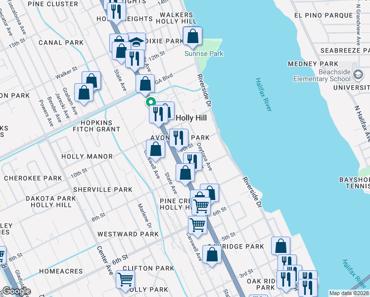 map of restaurants, bars, coffee shops, grocery stores, and more near 838 Avondale Avenue in Daytona Beach
