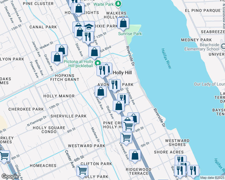 map of restaurants, bars, coffee shops, grocery stores, and more near in Holly Hill