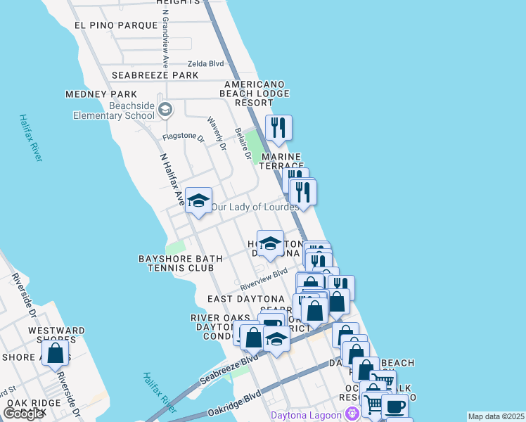 map of restaurants, bars, coffee shops, grocery stores, and more near 925 North Grandview Avenue in Daytona Beach