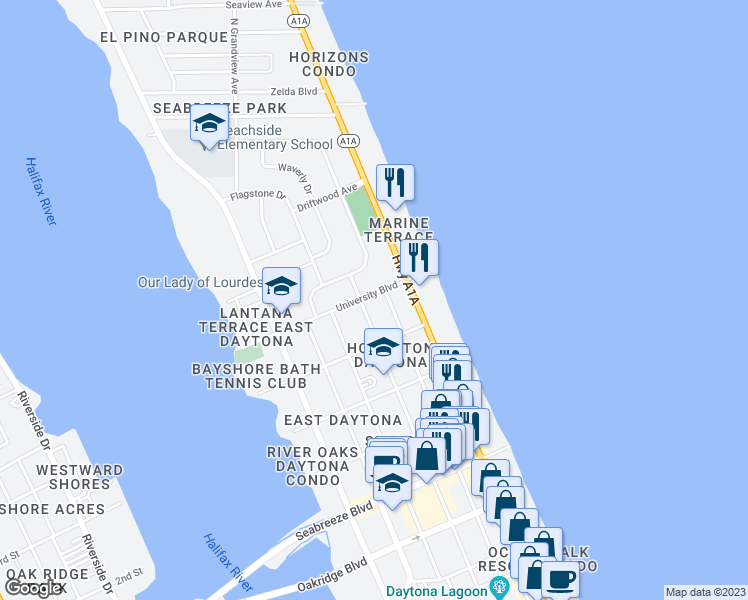 map of restaurants, bars, coffee shops, grocery stores, and more near 925 North Grandview Avenue in Daytona Beach