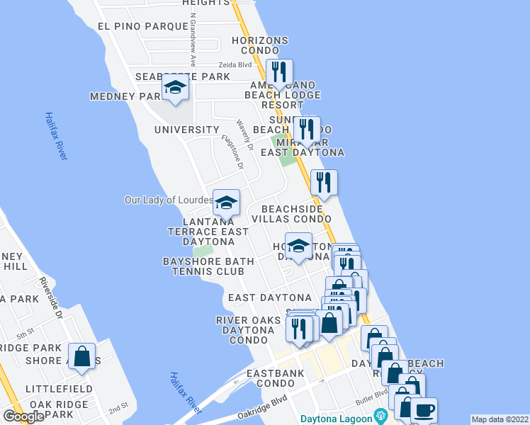 map of restaurants, bars, coffee shops, grocery stores, and more near 936 North Oleander Avenue in Daytona Beach