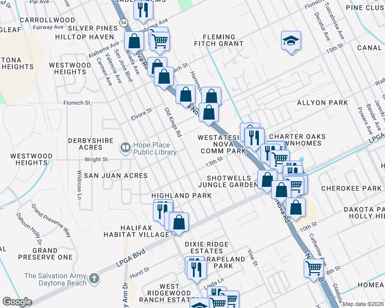 map of restaurants, bars, coffee shops, grocery stores, and more near 1323 Old Kings Road in Daytona Beach