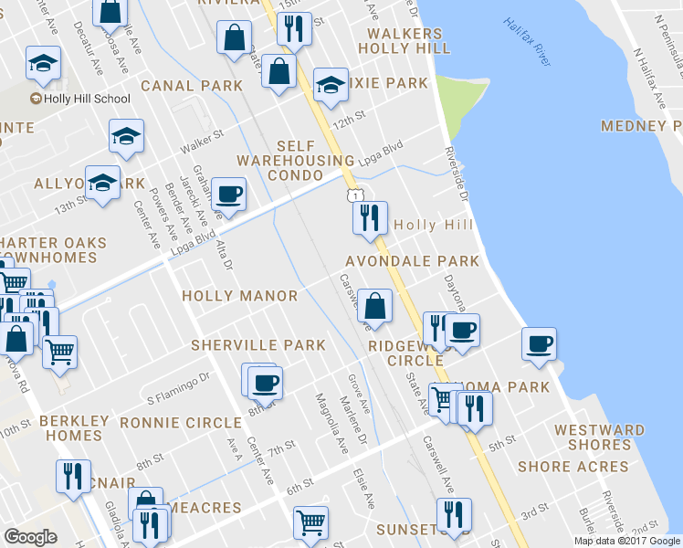map of restaurants, bars, coffee shops, grocery stores, and more near 946 Carswell Avenue in Holly Hill
