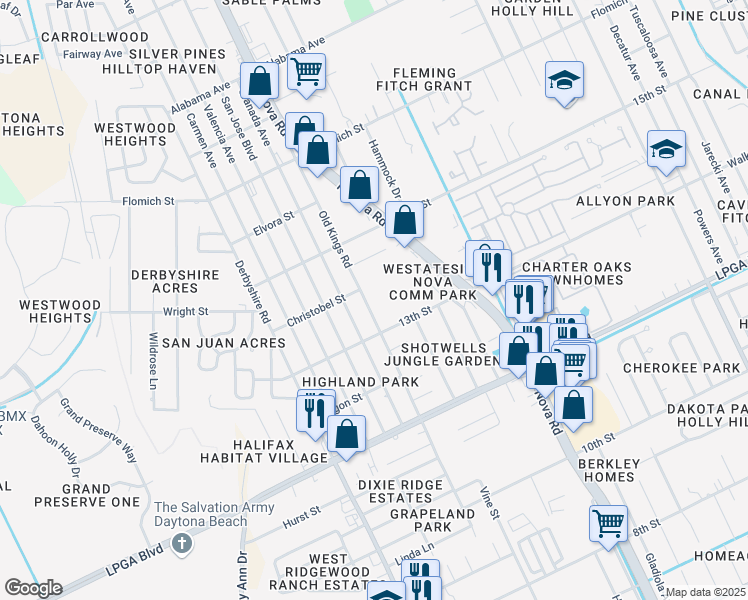 map of restaurants, bars, coffee shops, grocery stores, and more near 1399 Old Kings Road in Daytona Beach