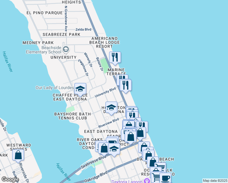 map of restaurants, bars, coffee shops, grocery stores, and more near 925 North Grandview Avenue in Daytona Beach