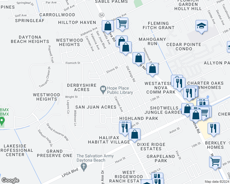 map of restaurants, bars, coffee shops, grocery stores, and more near 1489 Carmen Avenue in Daytona Beach