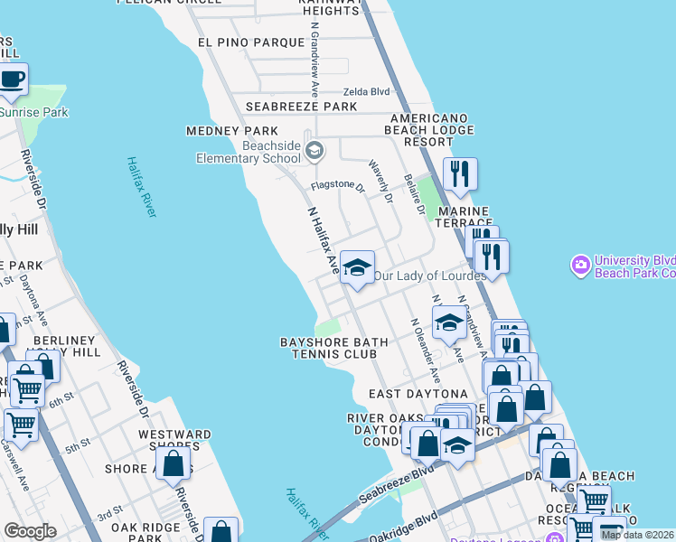 map of restaurants, bars, coffee shops, grocery stores, and more near in Daytona Beach