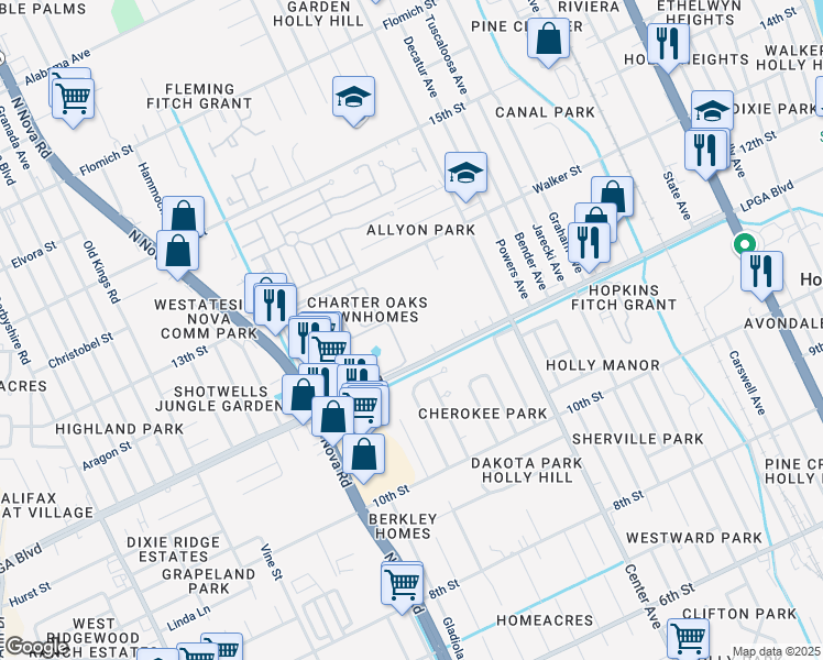 map of restaurants, bars, coffee shops, grocery stores, and more near 1200 Center Avenue in Holly Hill