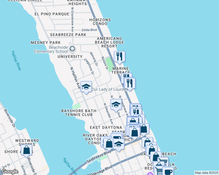map of restaurants, bars, coffee shops, grocery stores, and more near 1105 Belaire Drive in Daytona Beach