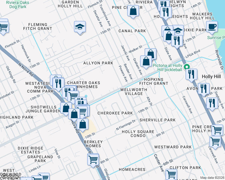 map of restaurants, bars, coffee shops, grocery stores, and more near 638 LPGA Boulevard in Daytona Beach