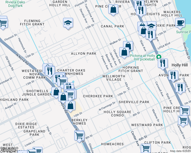 map of restaurants, bars, coffee shops, grocery stores, and more near 626 LPGA Boulevard in Holly Hill